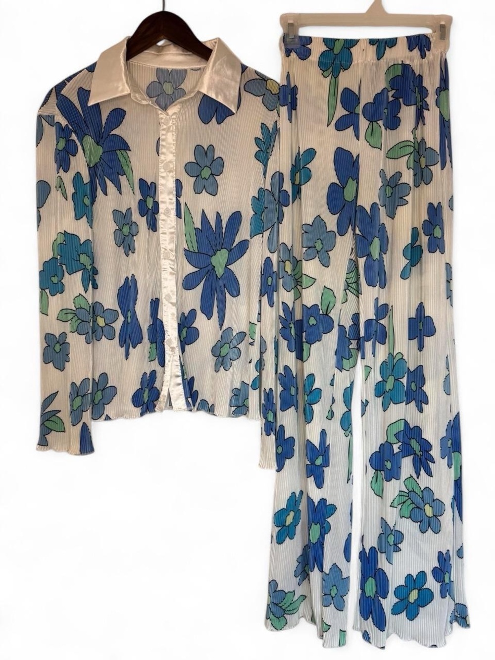 Retro Blue Floral Pleated Blouse Skirt Matching Set Festival Boho Hippie Groovy
